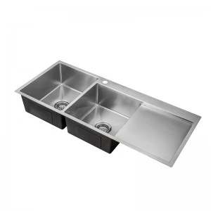 Modern Design Stainless Steel Double Bowl with Faucet Hole and Drainboard Kitchen Sink