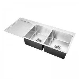 No Reversible Double Bowl Kitchen Sink with Faucet Hole and Drainboard at Left Side