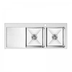 No Reversible Double Bowl Kitchen Sink with Faucet Hole and Drainboard at Left Side
