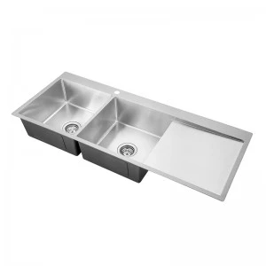 No Reversible Double Bowl Kitchen Sink with Faucet Hole and Drainboard at Right Side